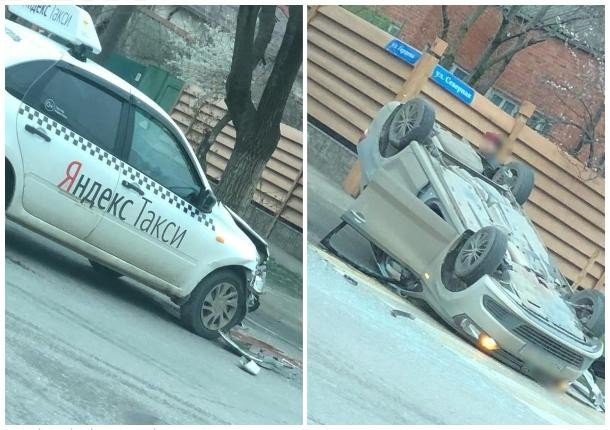 В Краснодаре в ДТП с такси опрокинулась иномарка